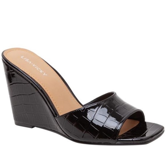 Lisa Vicky Adore-V Wedge Sandal Black Croco Pattern Size 7.5 NIB - Picture 3 of 7